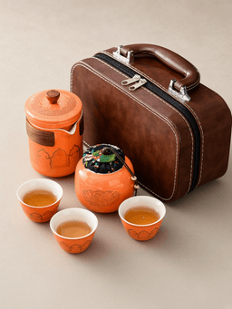 Orange leather case: pot, 3 cups, caddy