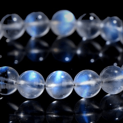 7A Cream-Body Blue Flash Moonstone · 8–8.8 mm · single wrap (~23 beads)