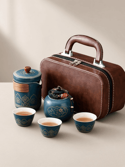 Blue leather case: pot, 3 cups, caddy