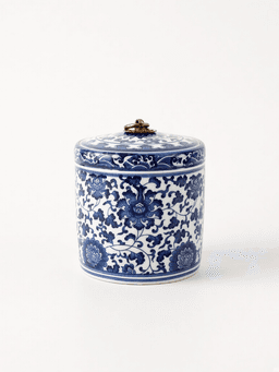Blue-and-white caddy · small, iron-ring lid