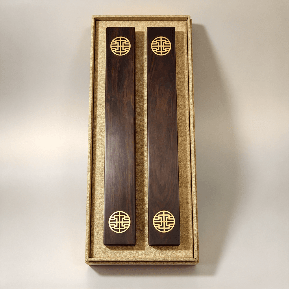 Solid Wood Calligraphy Paperweight Pair, Brass-Inlaid, Scholar's Desk Accessory with Silk Brocade Box