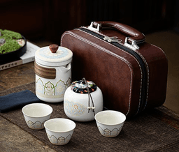 White leather case: pot, 3 cups, caddy