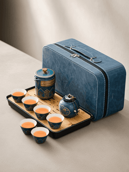 blue · classic 1 pot + 6 cups + tea caddy + striped bamboo tray · blue leather b