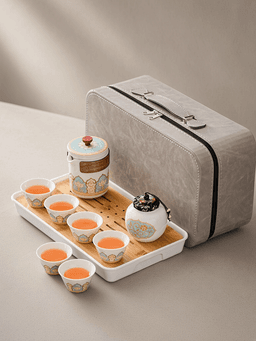 white · classic 1 pot + 6 cups + tea caddy + striped bamboo tray · gray leather
