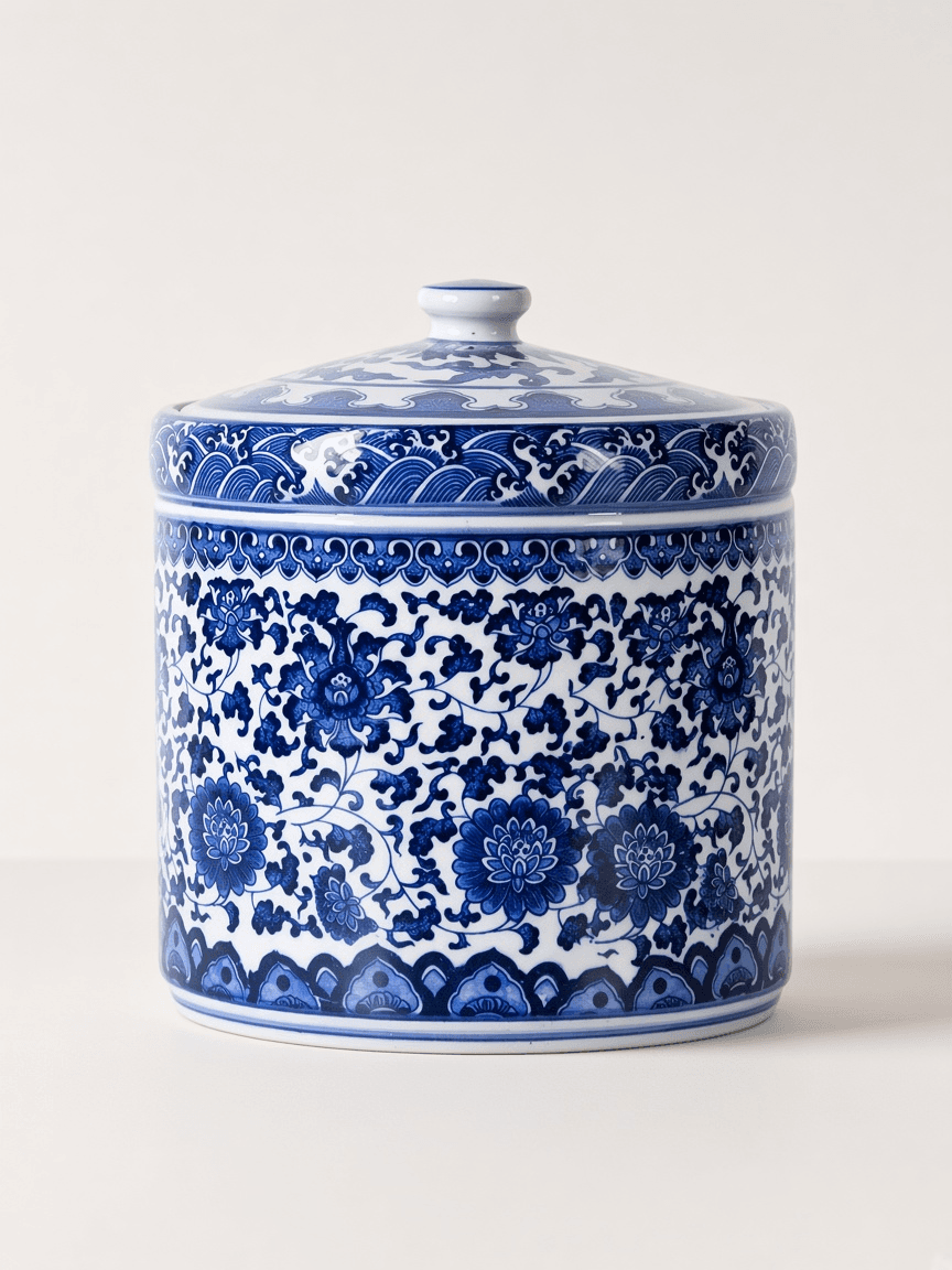 Blue-and-white caddy · large, iron-ring lid