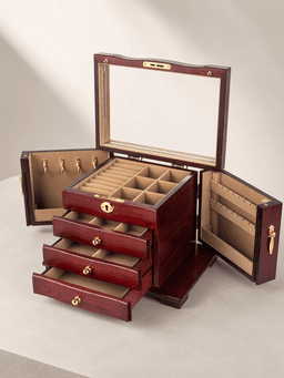 Wooden Jewelry Box · 四层豪华全锁款-酒红棕内衬