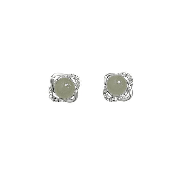 Hetian-style Jade Clover Stud · White-Gold Tone · S999