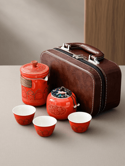 Red leather case: pot, 3 cups, caddy
