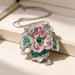Vintage 18K Gold Plated Camellia Brooch, Peacock Green Zircon Cicada Flower Brooch & Pendant Necklace