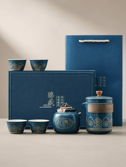 Blue gift box: pot and 4 cups
