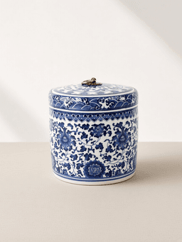 Blue-and-white caddy · medium, iron-ring lid