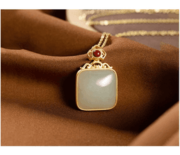 Natural Icy Translucent White Gold Silk Jade Square Plain Wushi Pendant, Women’s Necklace