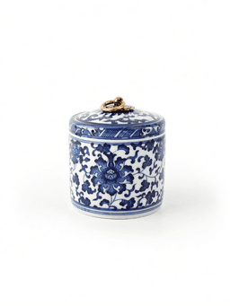 Blue-and-white caddy · small, ceramic handle