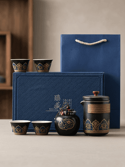 Black gift box: pot and 4 cups