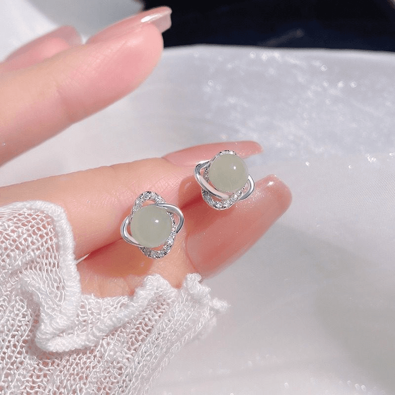 S999 Silver Hetian-Style Jade Clover Stud Earrings