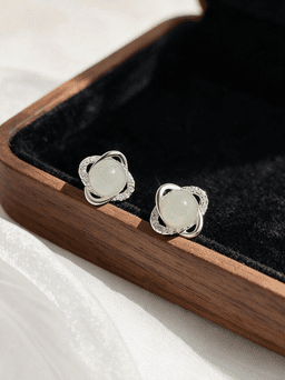 Hetian Jade Clover Stud Earrings, S999 Fine Silver — Four-Leaf Nephrite Studs