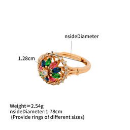 Vintage 18K Gold-Tone Adjustable Camellia Ring, Multicolor Crystal Open Band