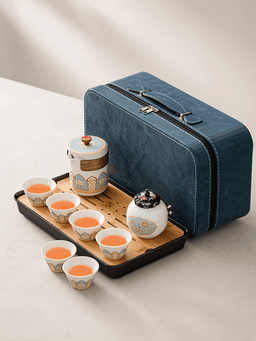 white · classic 1 pot + 6 cups + tea caddy + striped bamboo tray · blue leather