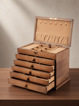 Wooden Jewelry Box · 实木六层全锁款-挂钩光面B棕内衬