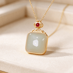 Natural Icy Translucent White Gold Silk Jade Square Plain Wushi Pendant, Women’s Necklace