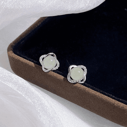 S999 Silver Hetian-Style Jade Clover Stud Earrings