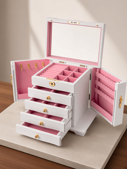 Wooden Jewelry Box · 五层豪华全锁款-本白粉内衬