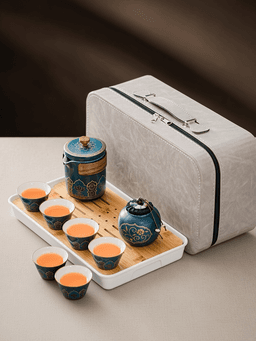 blue · classic 1 pot + 6 cups + tea caddy + striped bamboo tray · gray leather b