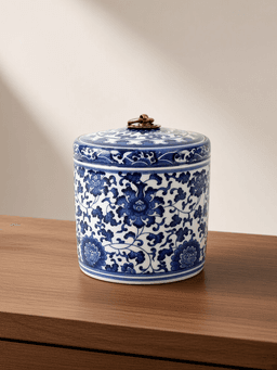 Blue-and-white caddy · extra-large, iron-ring lid