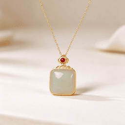 Natural Icy Translucent White Gold Silk Jade Square Plain Wushi Pendant, Women’s Necklace