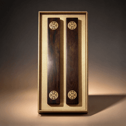 Solid Wood Calligraphy Paperweight Pair, Brass-Inlaid, Scholar's Desk Accessory with Silk Brocade Box