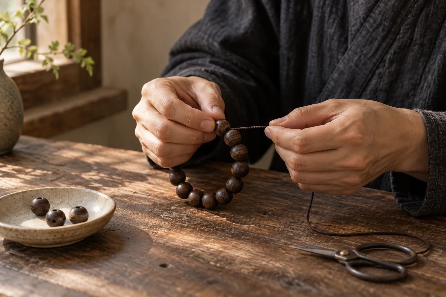 Hands carefully threading wooden beads onto cord at a walnut worktable