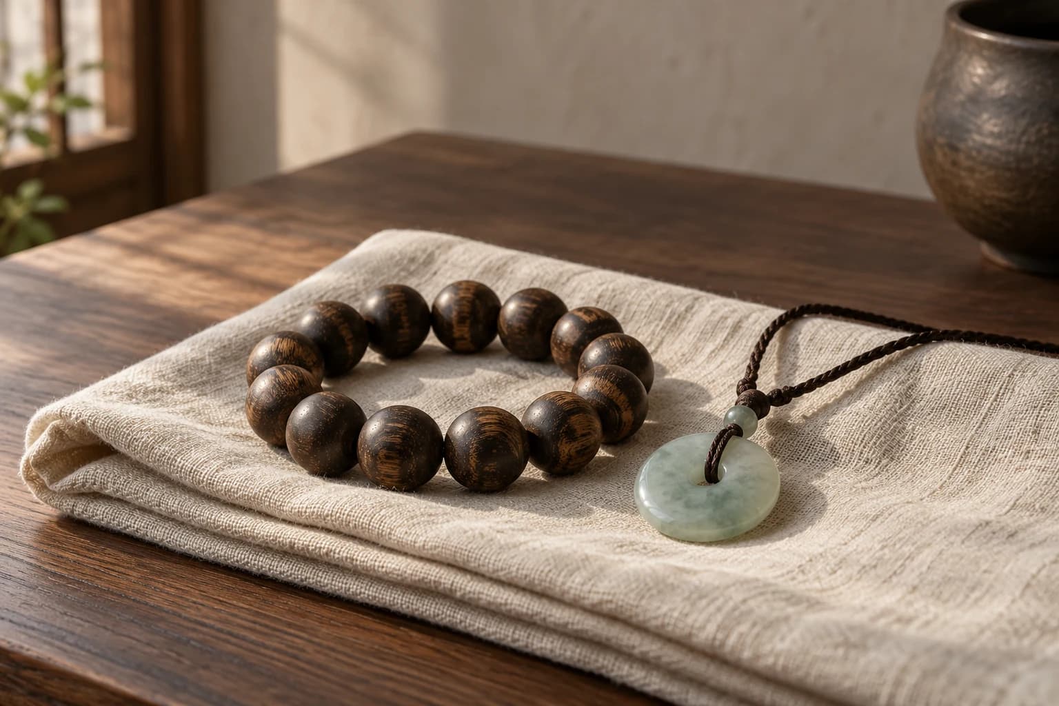 Wooden beads and a pale jade pendant on ivory linen in warm window light