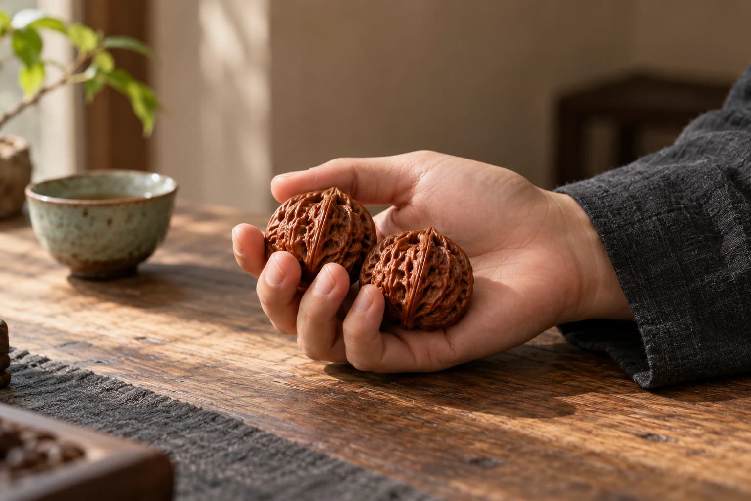 A pair of textured wenwan walnuts held in the hand beside a ceramic tea cup