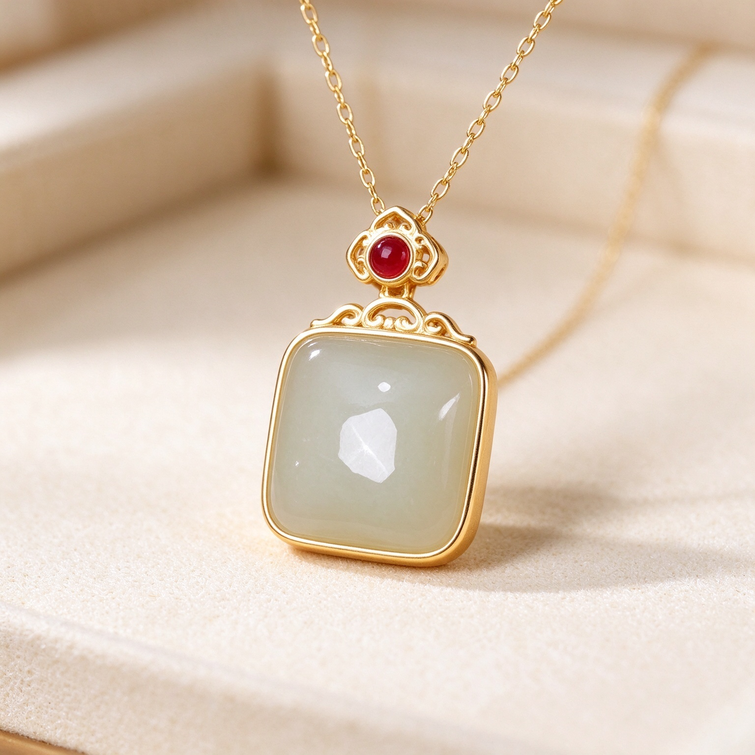 Natural Icy Translucent White Gold Silk Jade Square Plain Wushi Pendant, Women’s Necklace