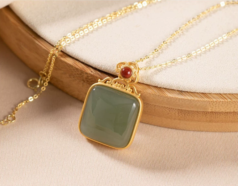 Natural Icy Translucent White Gold Silk Jade Square Plain Wushi Pendant, Women’s Necklace