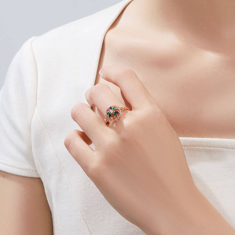 Vintage 18K Gold-Tone Adjustable Camellia Ring, Multicolor Crystal Open Band