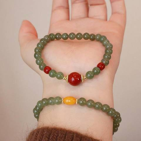 Hetian-Style Jade and Red Agate Bead Bracelet