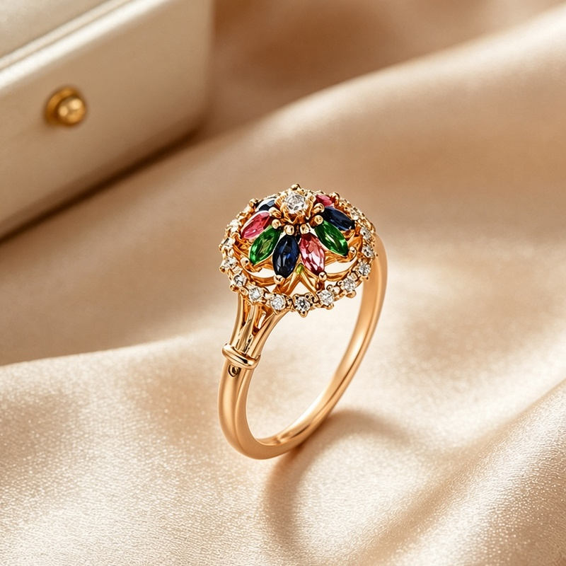 Vintage 18K Gold-Tone Adjustable Camellia Ring, Multicolor Crystal Open Band