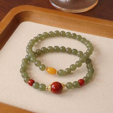 Hetian-Style Jade and Red Agate Bead Bracelet