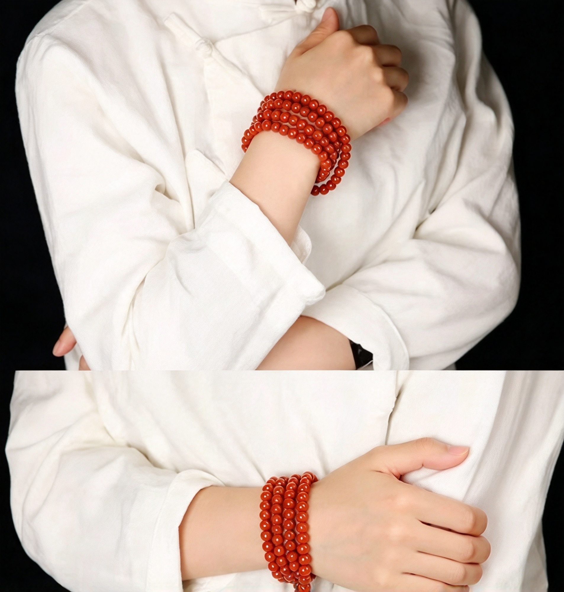Natural NanHong Agate Bracelet | Full Flesh Persimmon Red Round Beads