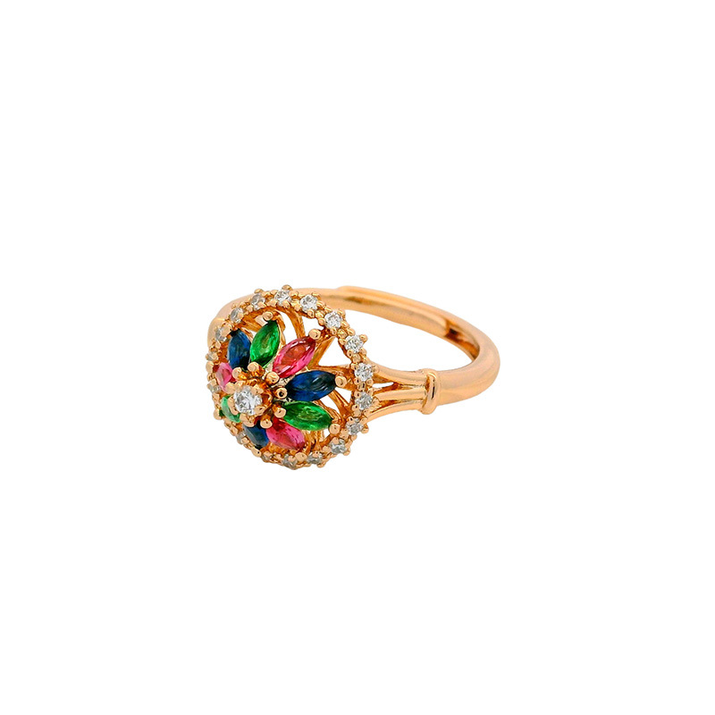 Vintage 18K Gold-Tone Adjustable Camellia Ring, Multicolor Crystal Open Band