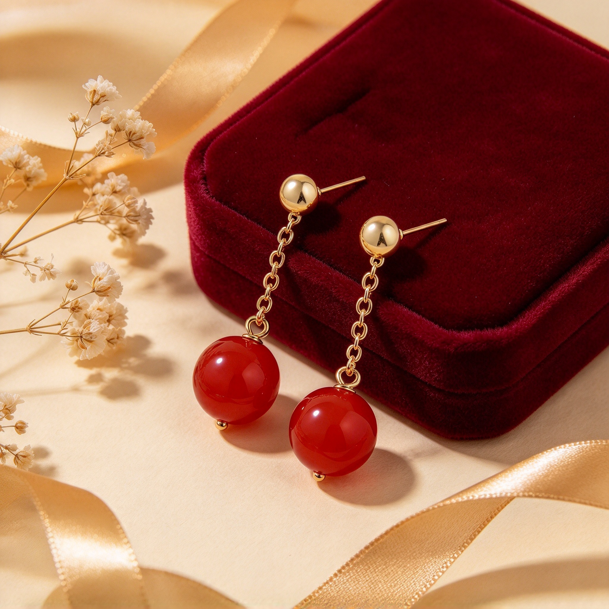 Natural Full Cherry Red South Red Agate Earrings, Vintage Light Luxury Red Earrings, Trendy Women Gemstone Jewelry, Ideal Gift
